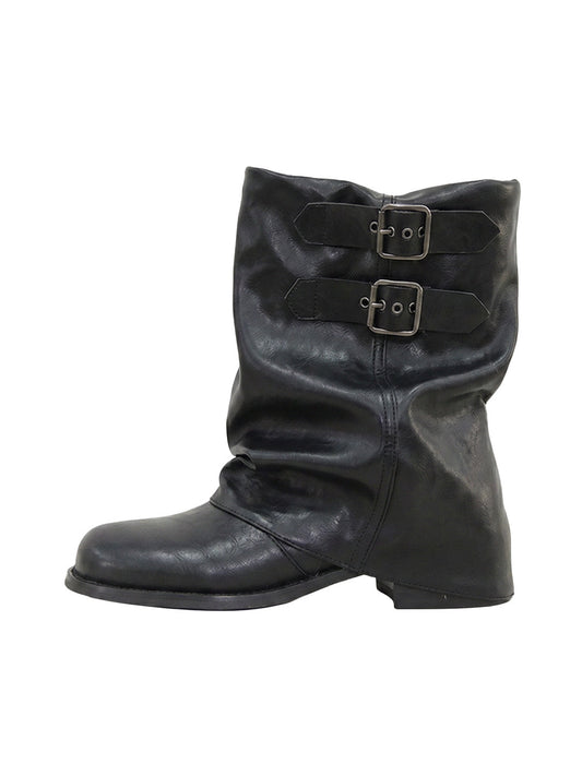 Black Buckled Wrinkle-Shaft Leather Boots