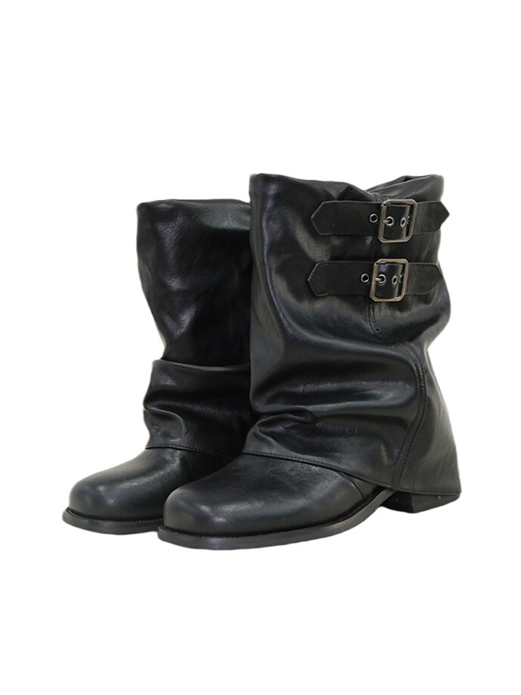 Black Buckled Wrinkle-Shaft Leather Boots
