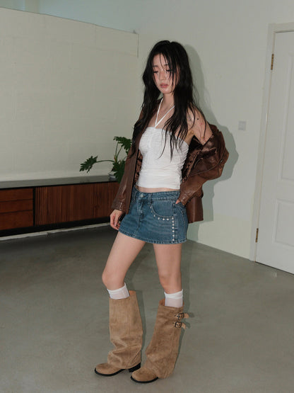 Camel Buckled Slouch-Shaft Leather Riding Boots