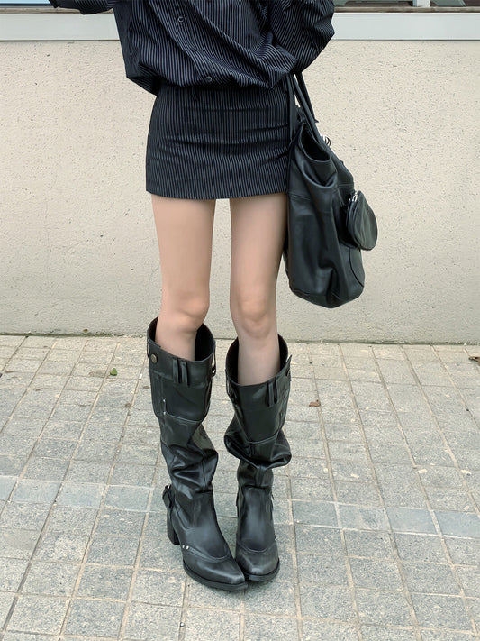 Wide-Calf Pointed-Toe Block-Heel Boots
