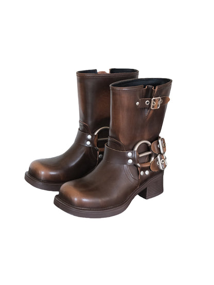 Square-Toe Buckled Leather Western Boots