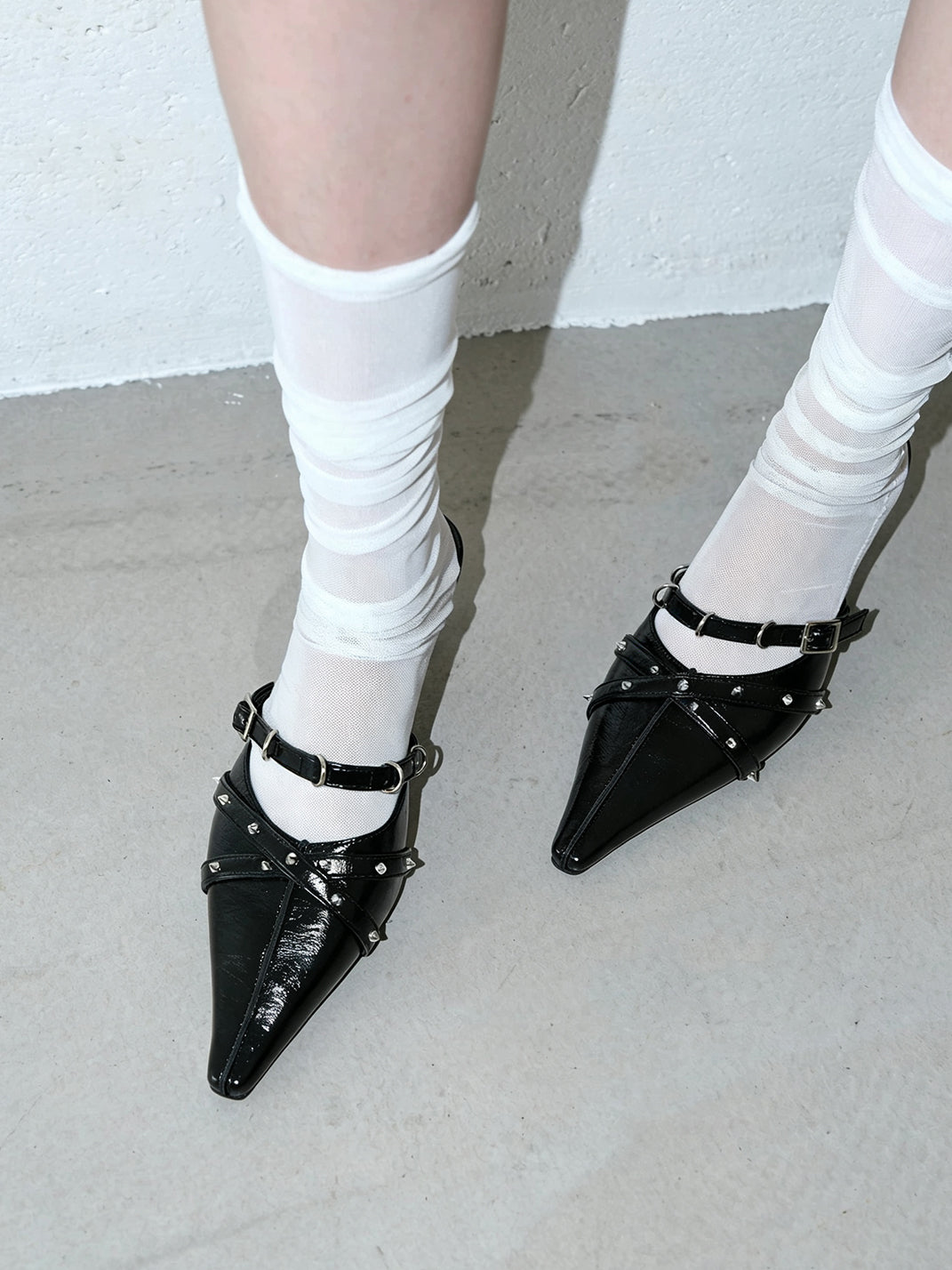 Studded Pointed-Toe Slingback Kitten Heels