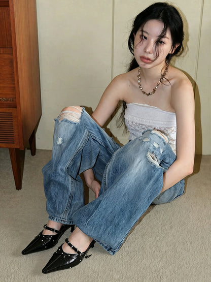 Studded Pointed-Toe Slingback Kitten Heels