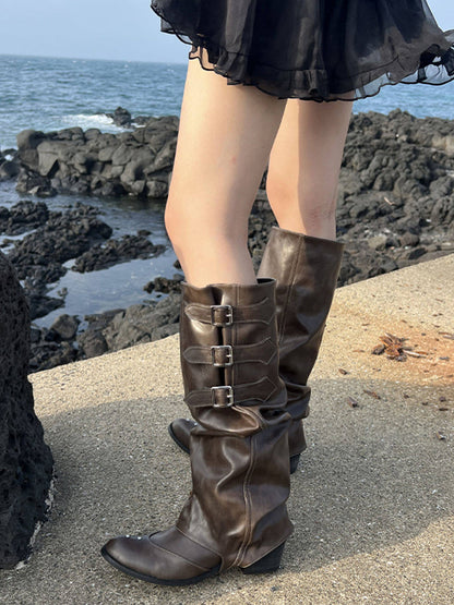 Ruched Buckle Western Knee-High Boots