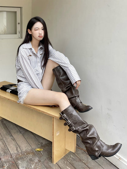 Ruched Buckle Western Knee-High Boots