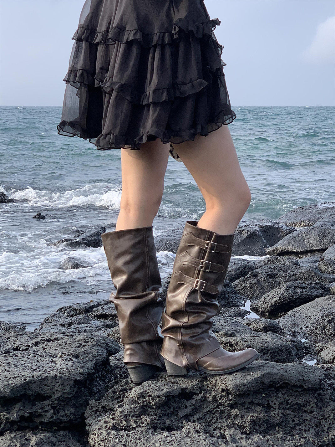 Ruched Buckle Western Knee-High Boots