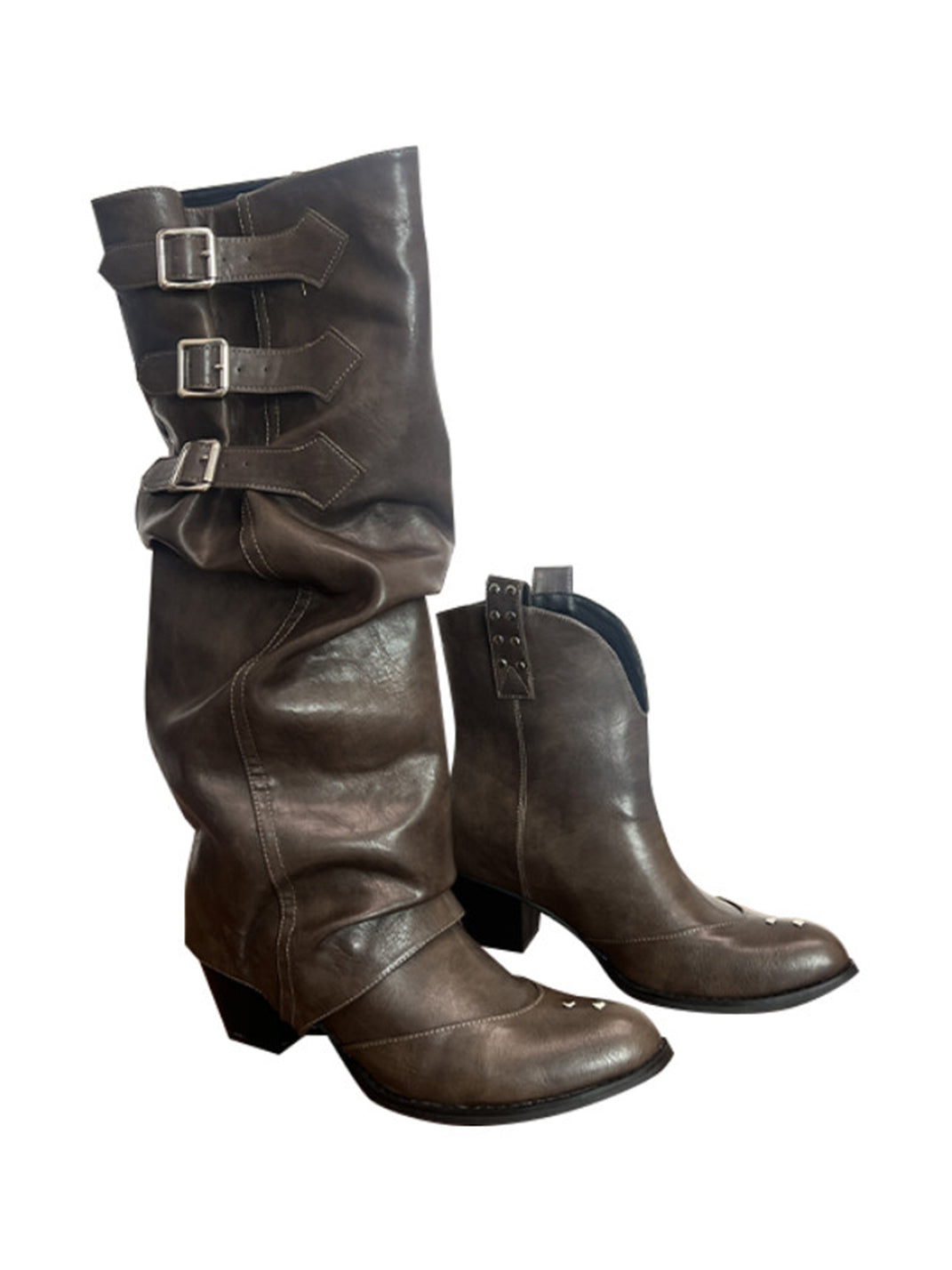 Ruched Buckle Western Knee-High Boots