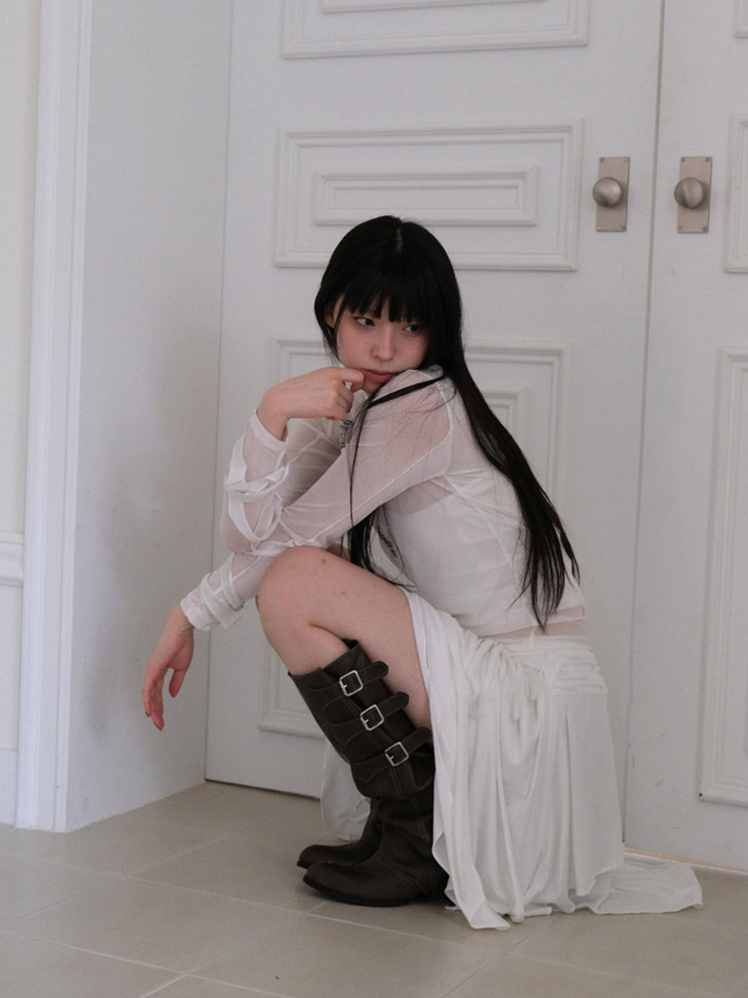 Ruched Buckle Western Knee-High Boots