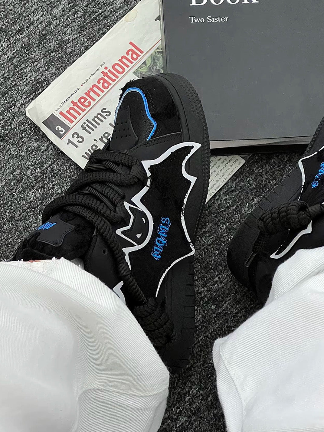 Black Bat-Panel Platform Sneakers