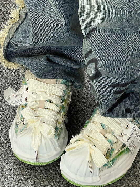 Green Frayed-Panel Sculpted-Sole Sneakers