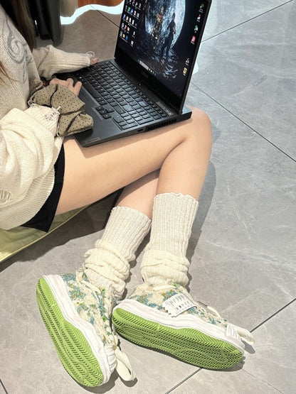 Green Frayed-Panel Sculpted-Sole Sneakers