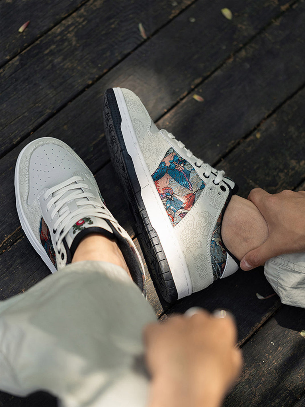Brocade Bird-Panel Embroidered Court Sneakers