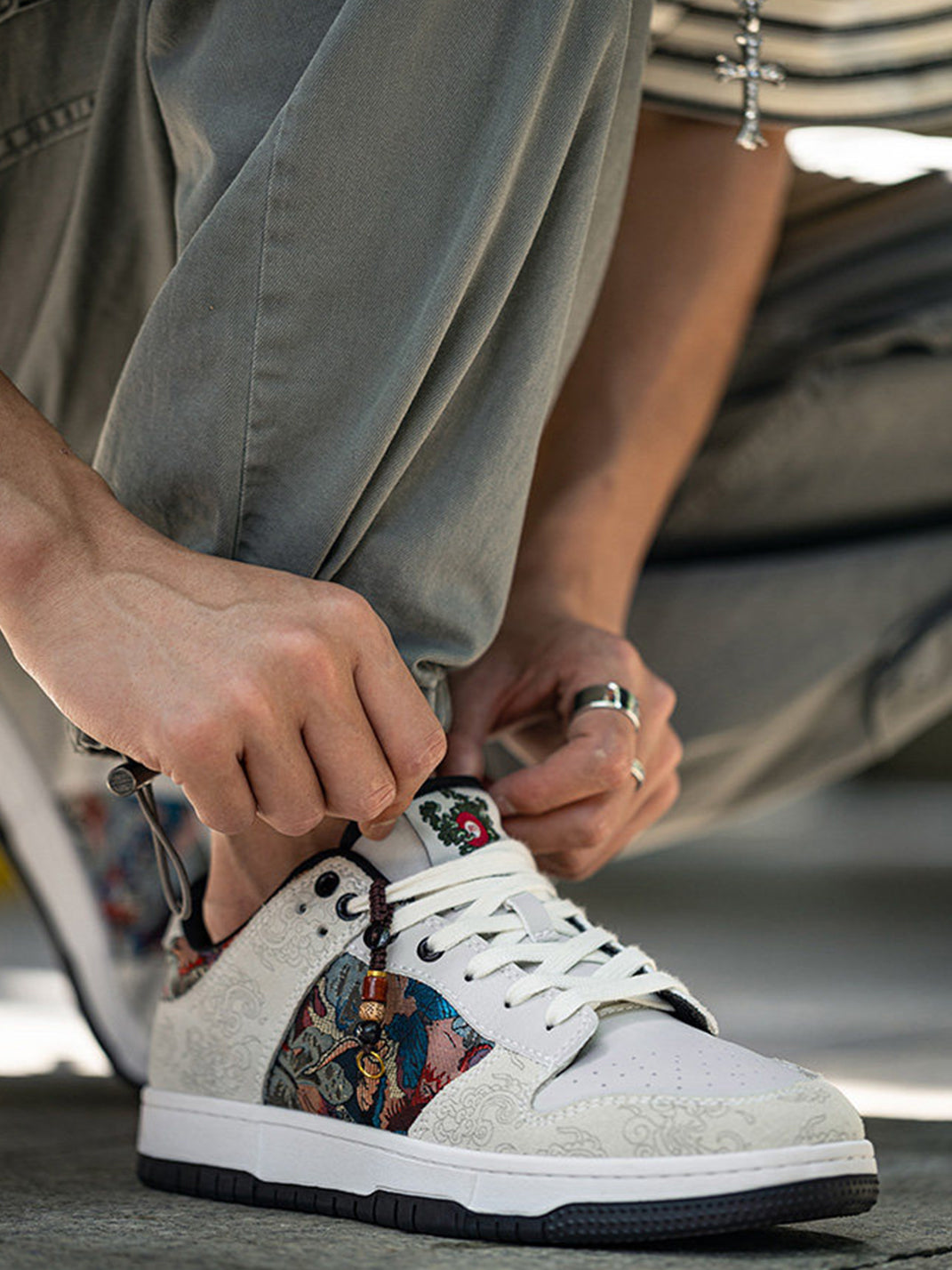 Brocade Bird-Panel Embroidered Court Sneakers