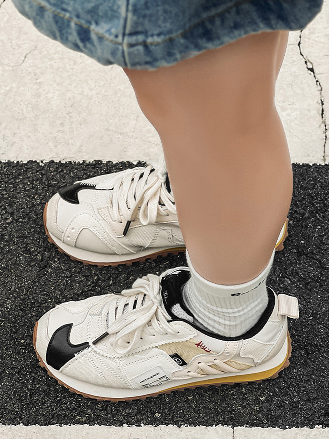 Ivory Waffle-Sole Retro Runner Sneakers