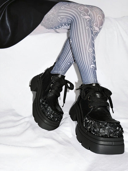 Floral-Sequin Platform Derby Shoes
