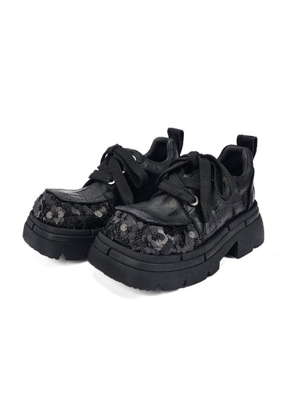 Floral-Sequin Platform Derby Shoes