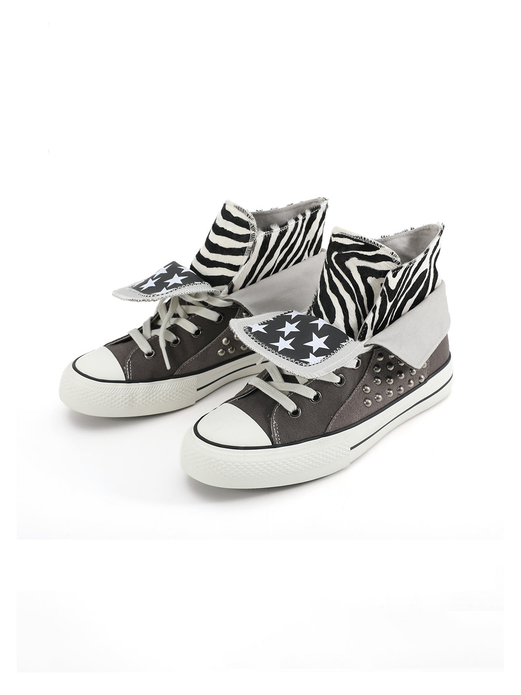 Zebra-Panel Studded Canvas High-Top Sneakers