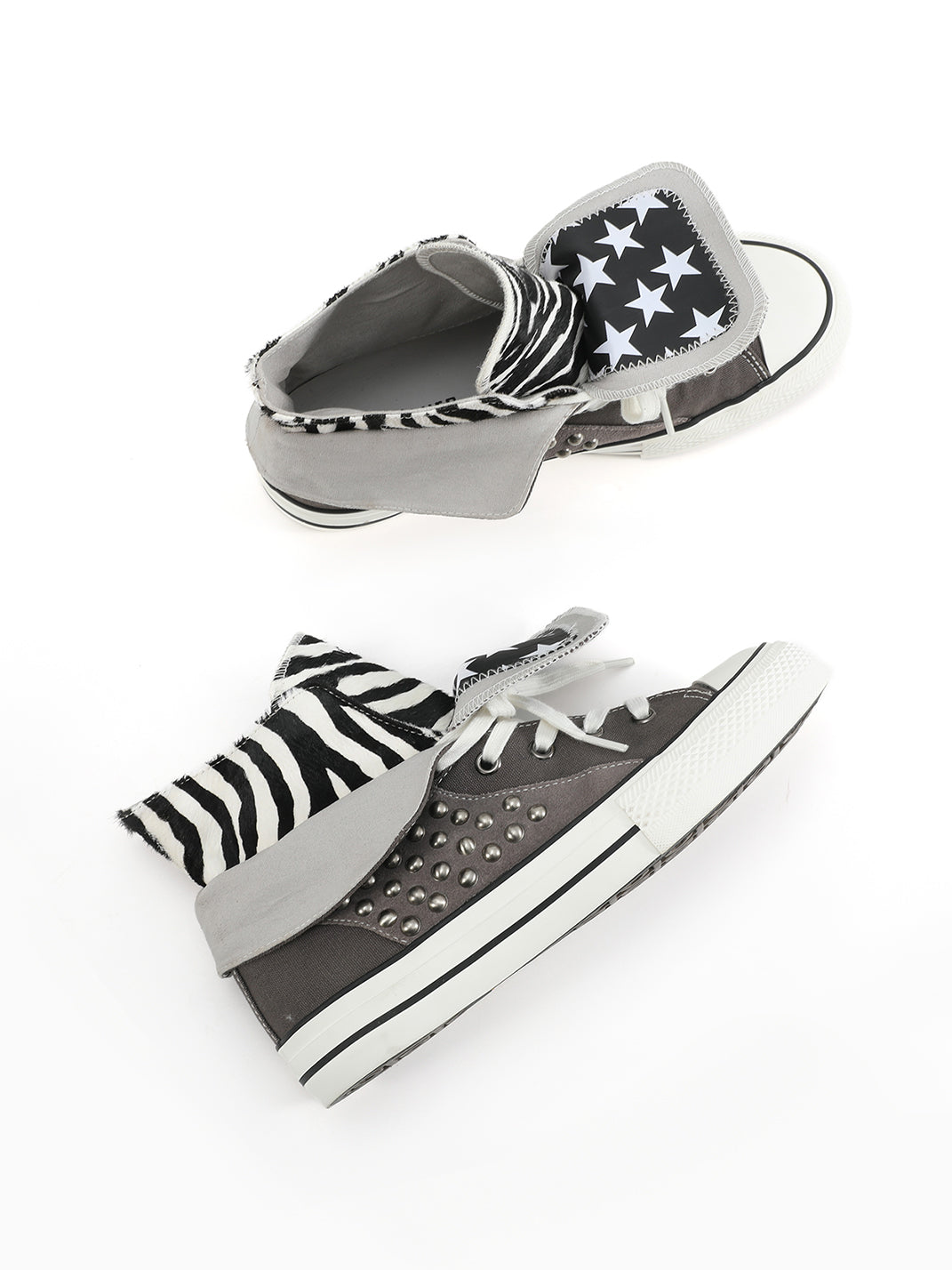 Zebra-Panel Studded Canvas High-Top Sneakers