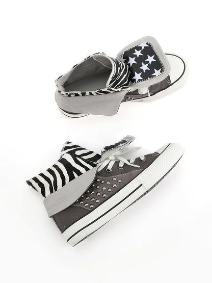 Zebra-Panel Studded Canvas High-Top Sneakers