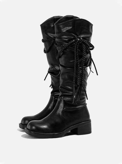 Tassel-Laced Over-the-Knee Riding Boots
