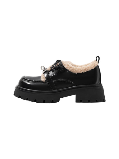 Fleece-Collar Patent Platform Oxford Shoes