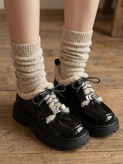Fleece-Collar Patent Platform Oxford Shoes
