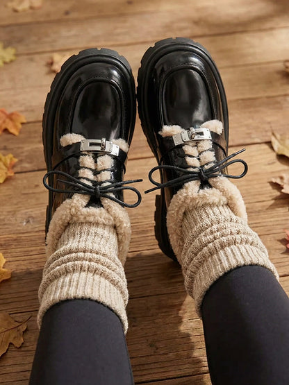 Fleece-Collar Patent Platform Oxford Shoes