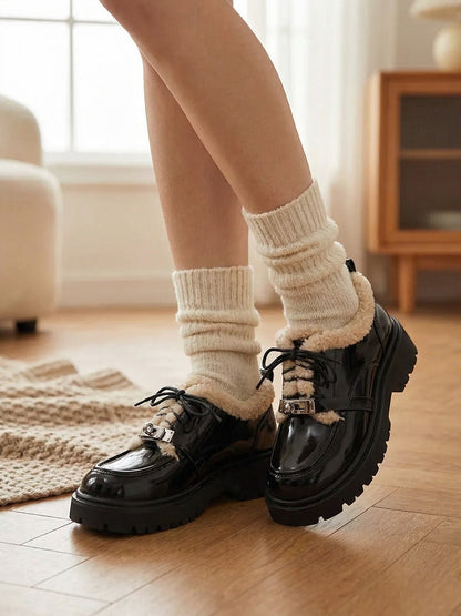 Fleece-Collar Patent Platform Oxford Shoes