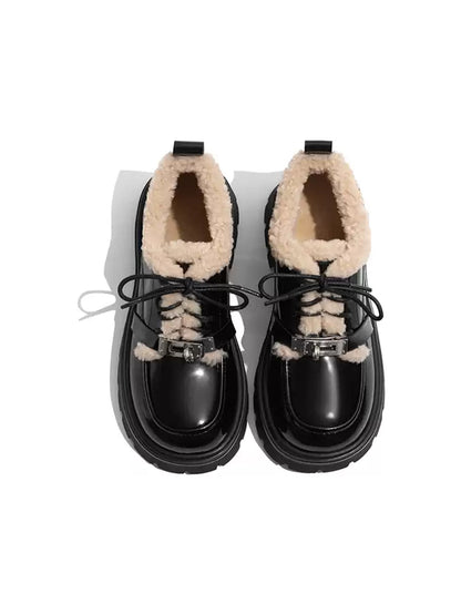 Fleece-Collar Patent Platform Oxford Shoes