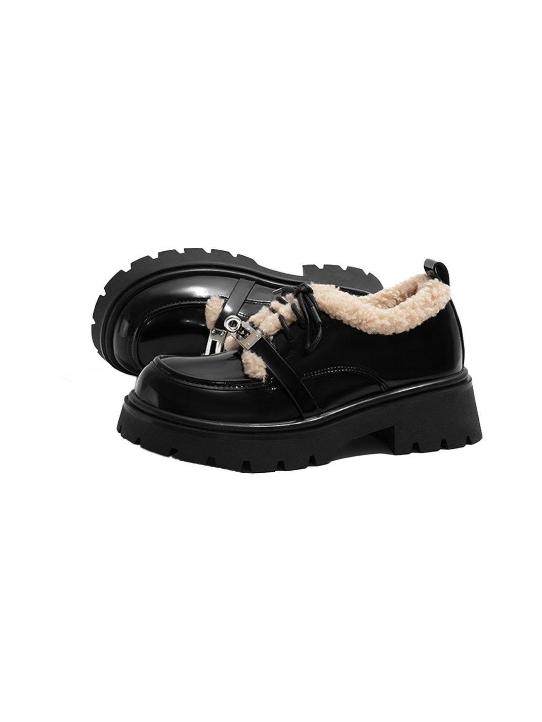 Fleece-Collar Patent Platform Oxford Shoes