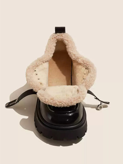 Fleece-Collar Patent Platform Oxford Shoes
