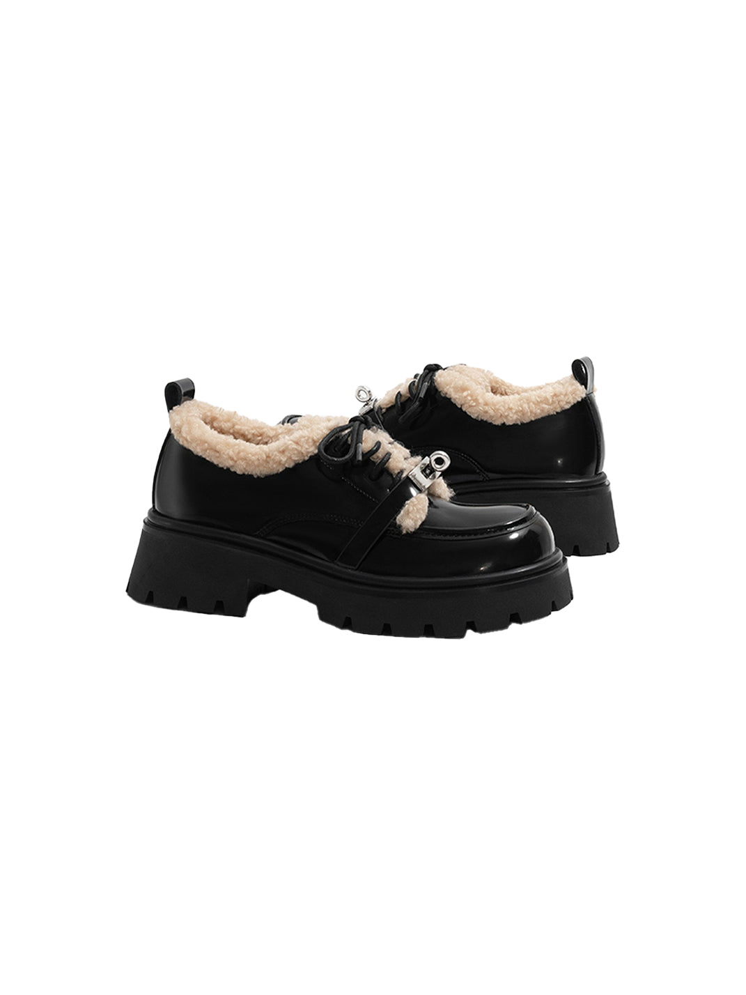 Fleece-Collar Patent Platform Oxford Shoes