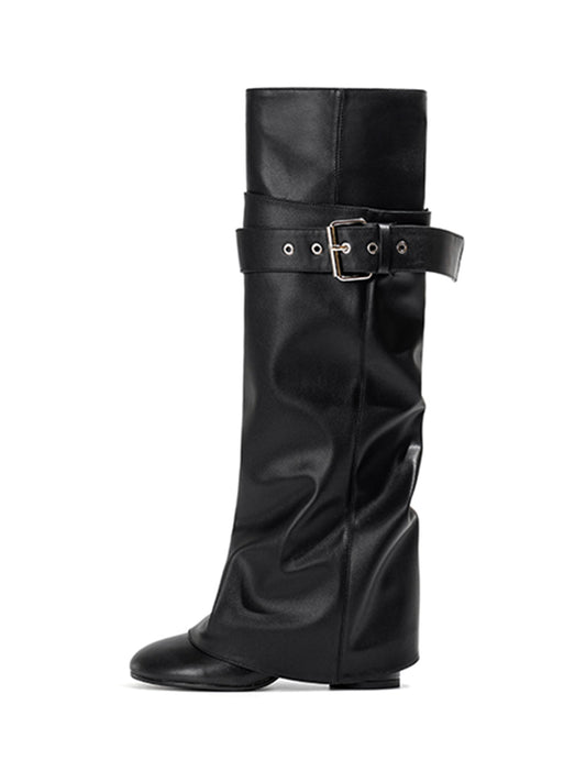 Black Foldover Knee-High Heeled Boots