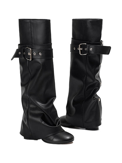 Black Foldover Knee-High Heeled Boots