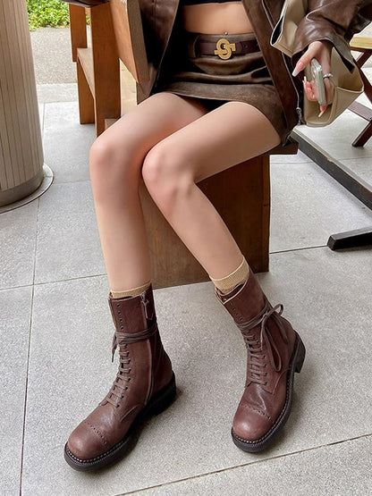 Distressed Leather Mid-Calf Combat Boots