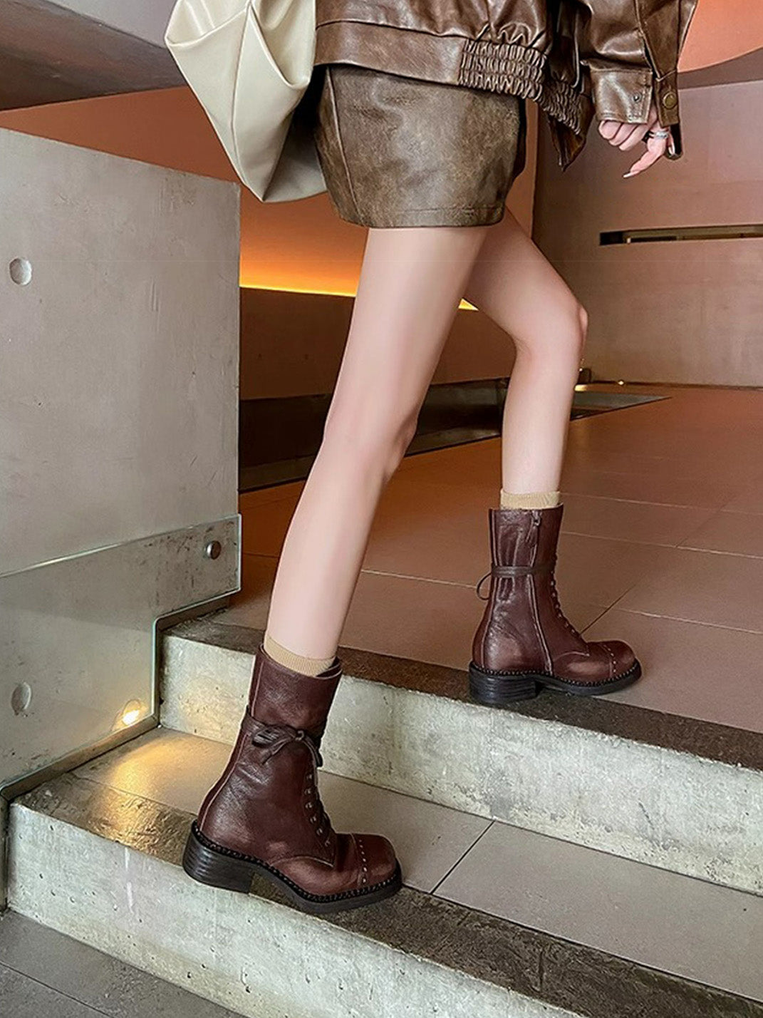 Distressed Leather Mid-Calf Combat Boots