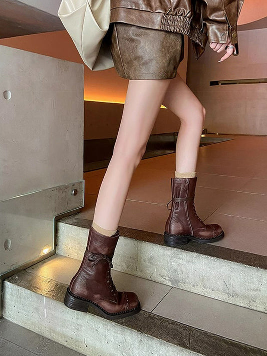 Distressed Leather Mid-Calf Combat Boots