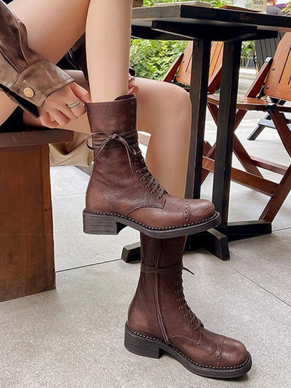 Distressed Leather Mid-Calf Combat Boots