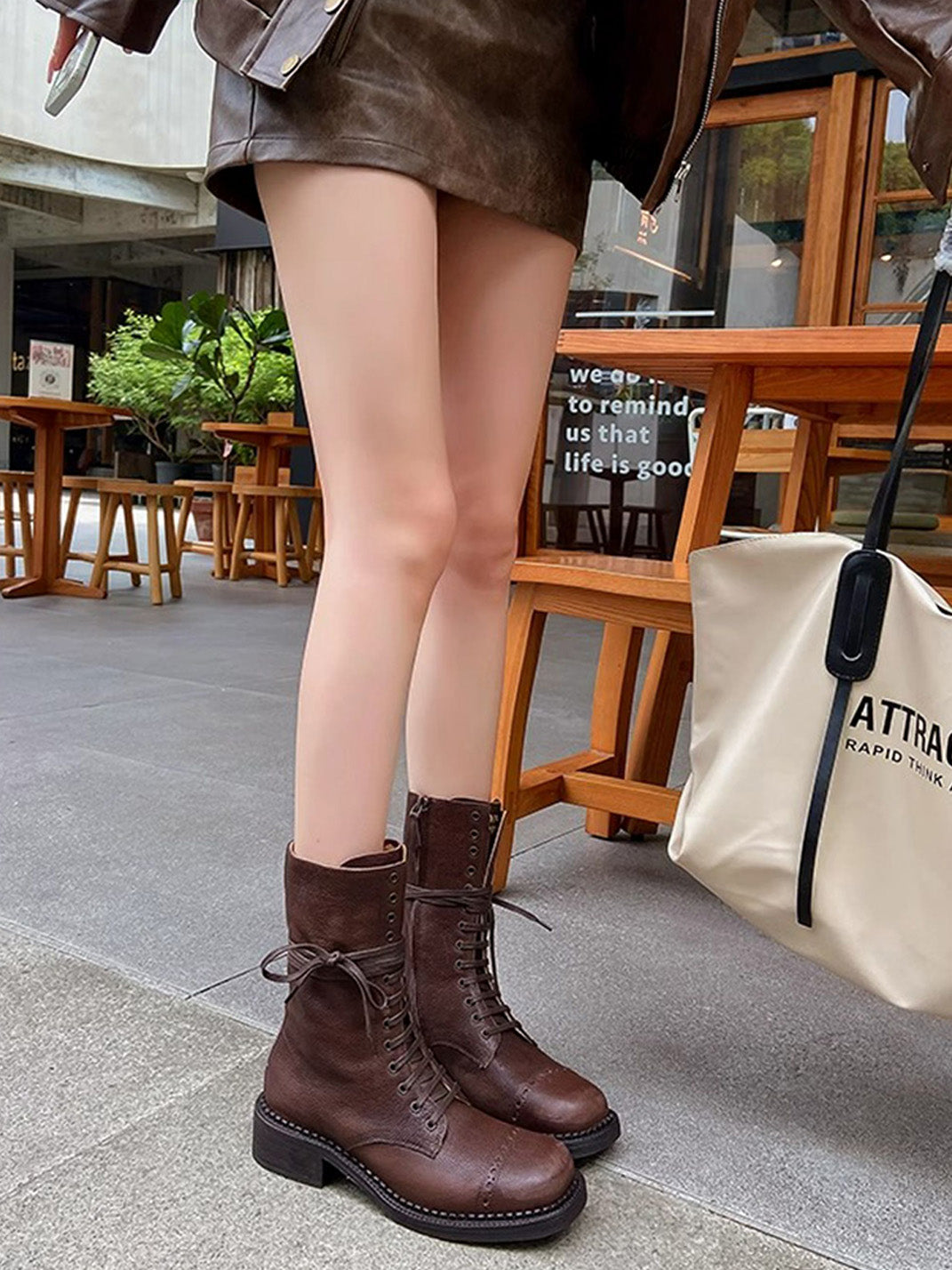 Distressed Leather Mid-Calf Combat Boots