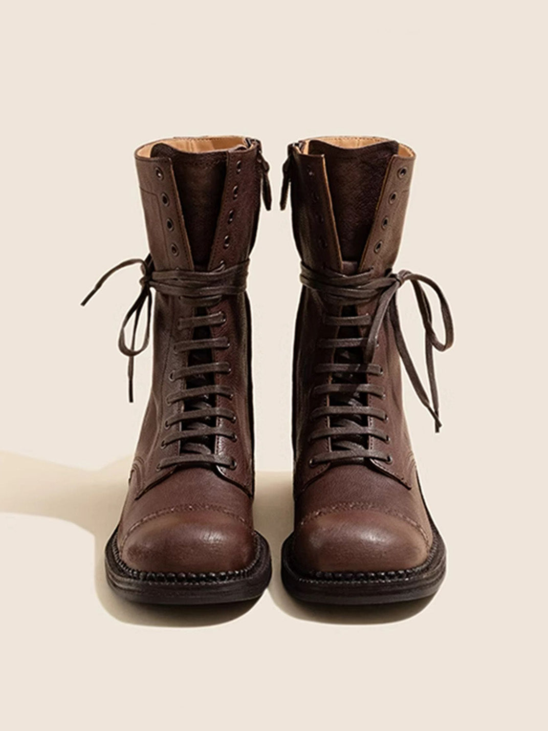 Distressed Leather Mid-Calf Combat Boots