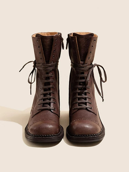 Distressed Leather Mid-Calf Combat Boots