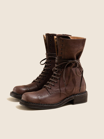 Distressed Leather Mid-Calf Combat Boots