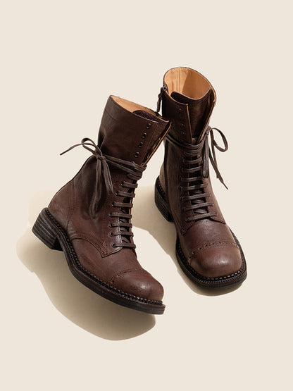 Distressed Leather Mid-Calf Combat Boots