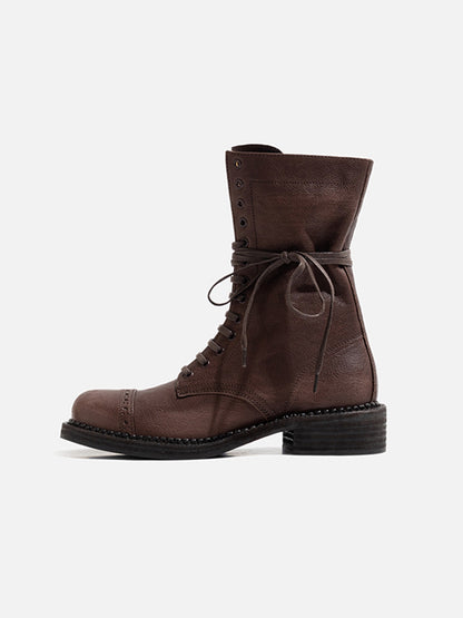 Distressed Leather Mid-Calf Combat Boots