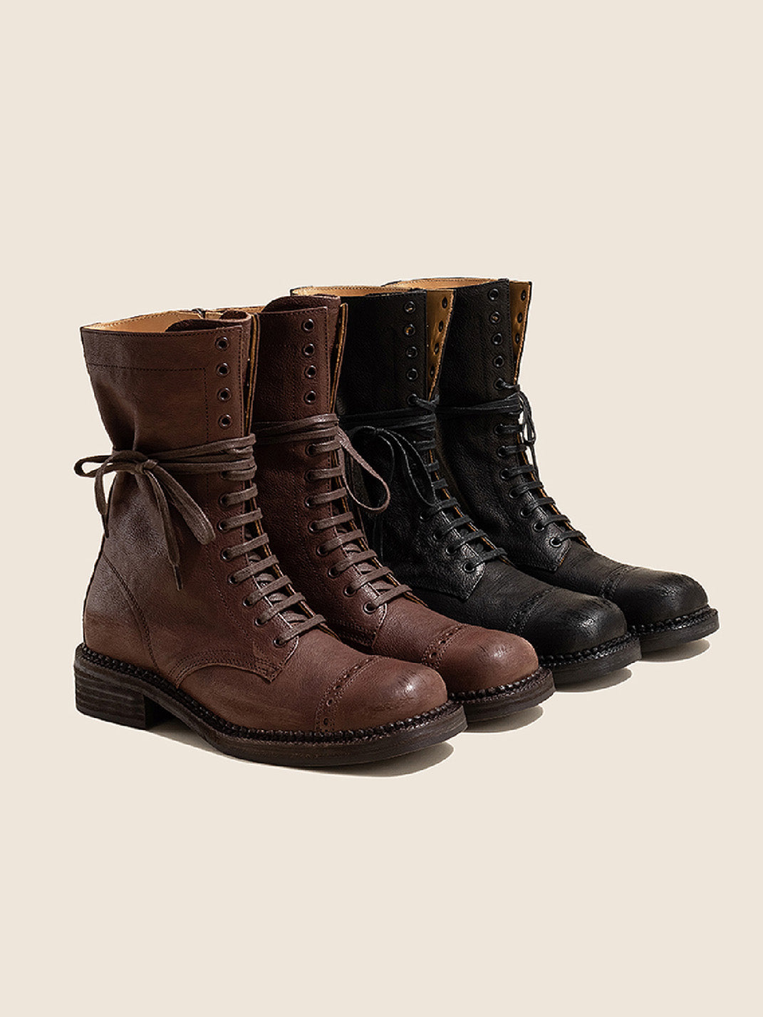 Distressed Leather Mid-Calf Combat Boots