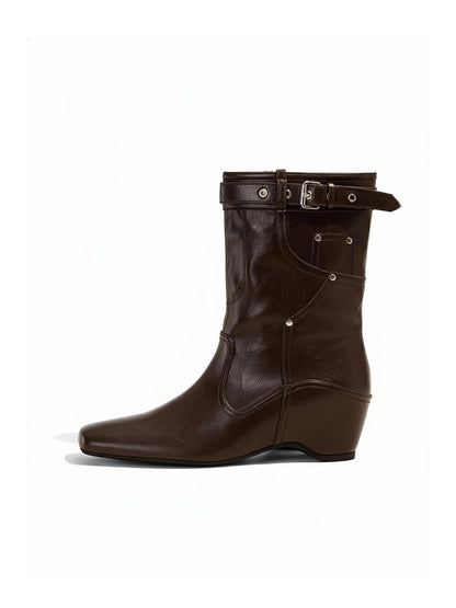 Buckle-Cuff Leather Western Ankle Boots