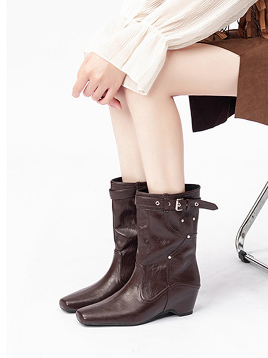 Buckle-Cuff Leather Western Ankle Boots
