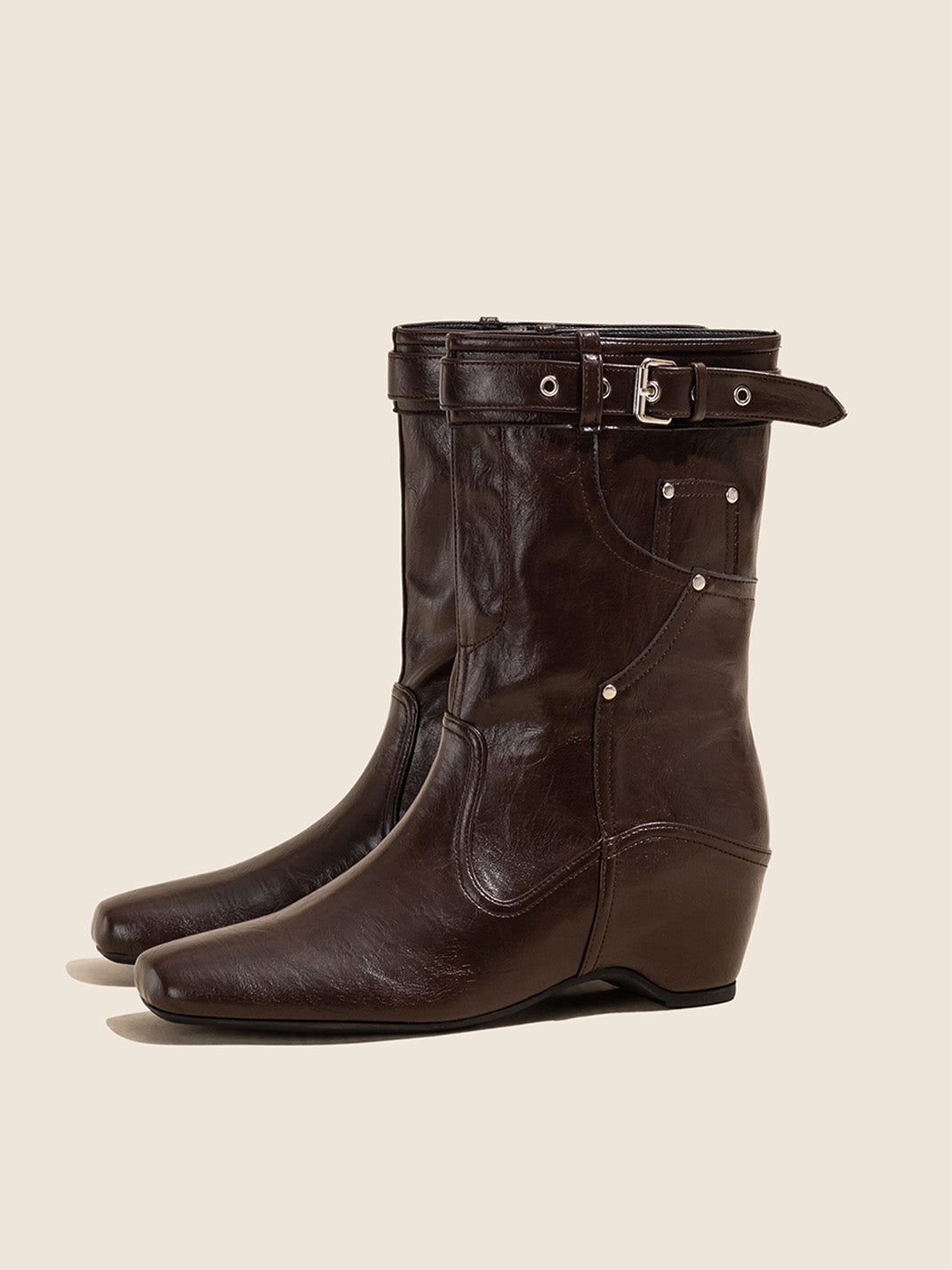 Buckle-Cuff Leather Western Ankle Boots