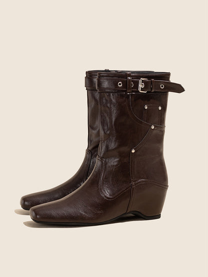 Buckle-Cuff Leather Western Ankle Boots