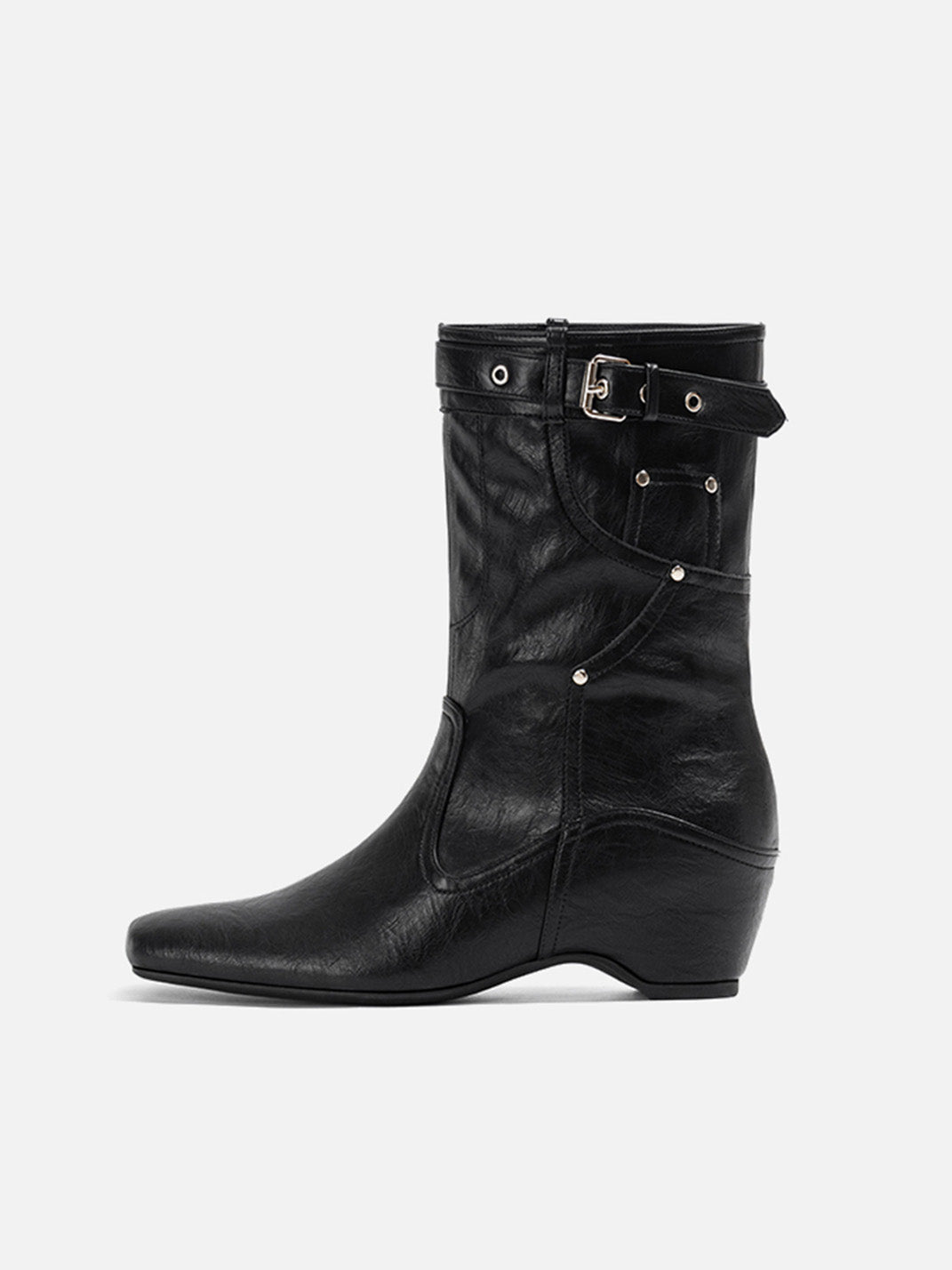 Buckle-Cuff Leather Western Ankle Boots